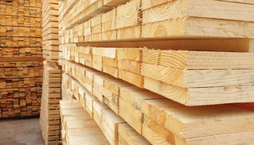 Piles of raw wood drying in a lumber warehouse.