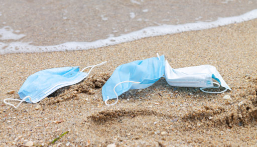 PPE litter on the shorline