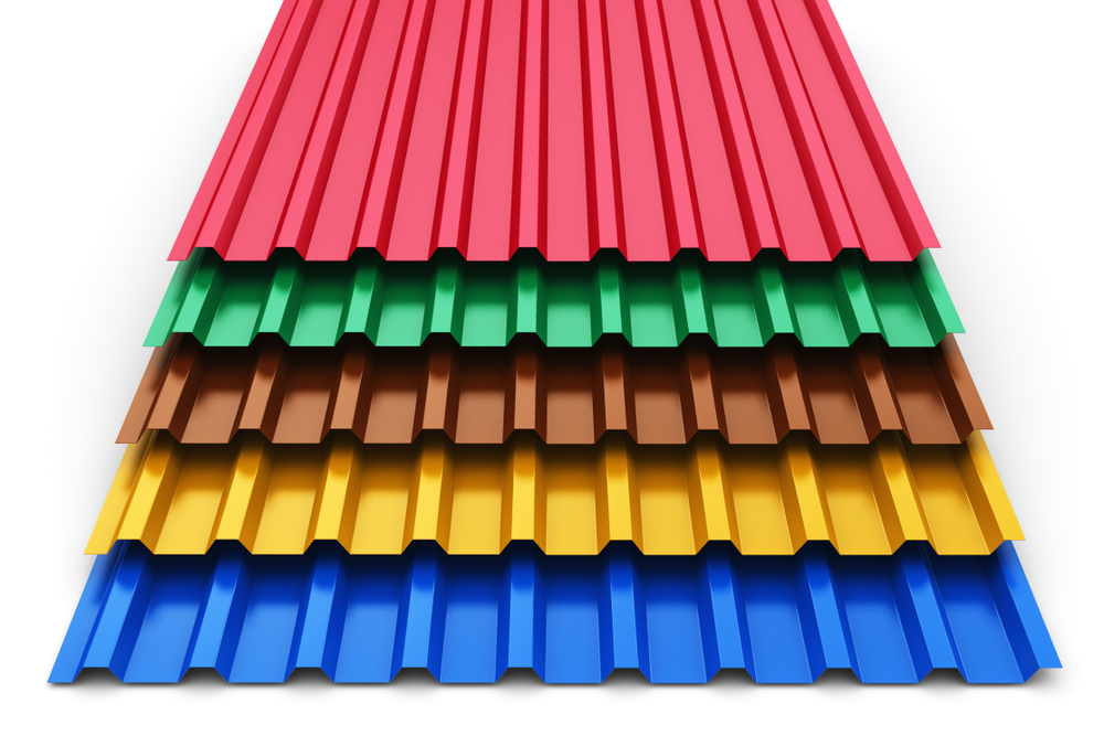 Creative abstract 3D render illustration of the stack or group of stacked color metal steel profile sheets for roof and roofing construction industry isolated on white background, shed