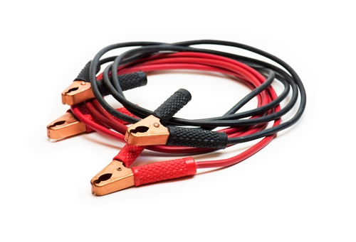Red and black car battery jumper cable, or booster cables. Focus on black clamp tip. Isolated on white. emergencies