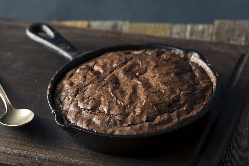 Pecan brownies in a skillet