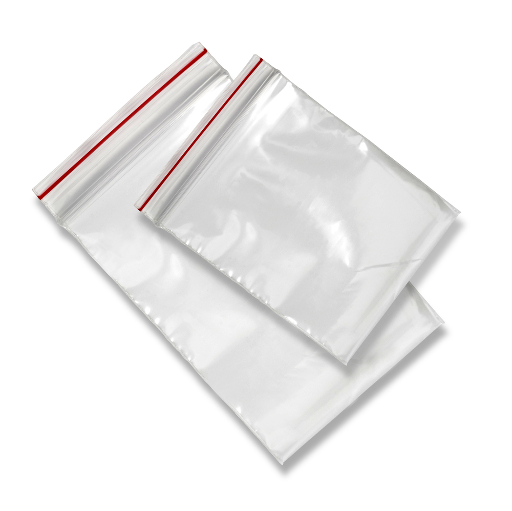 Clear plastic bags with red seal on a white background, painting