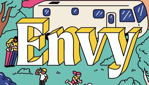 illustration of the word envy with people in park around it