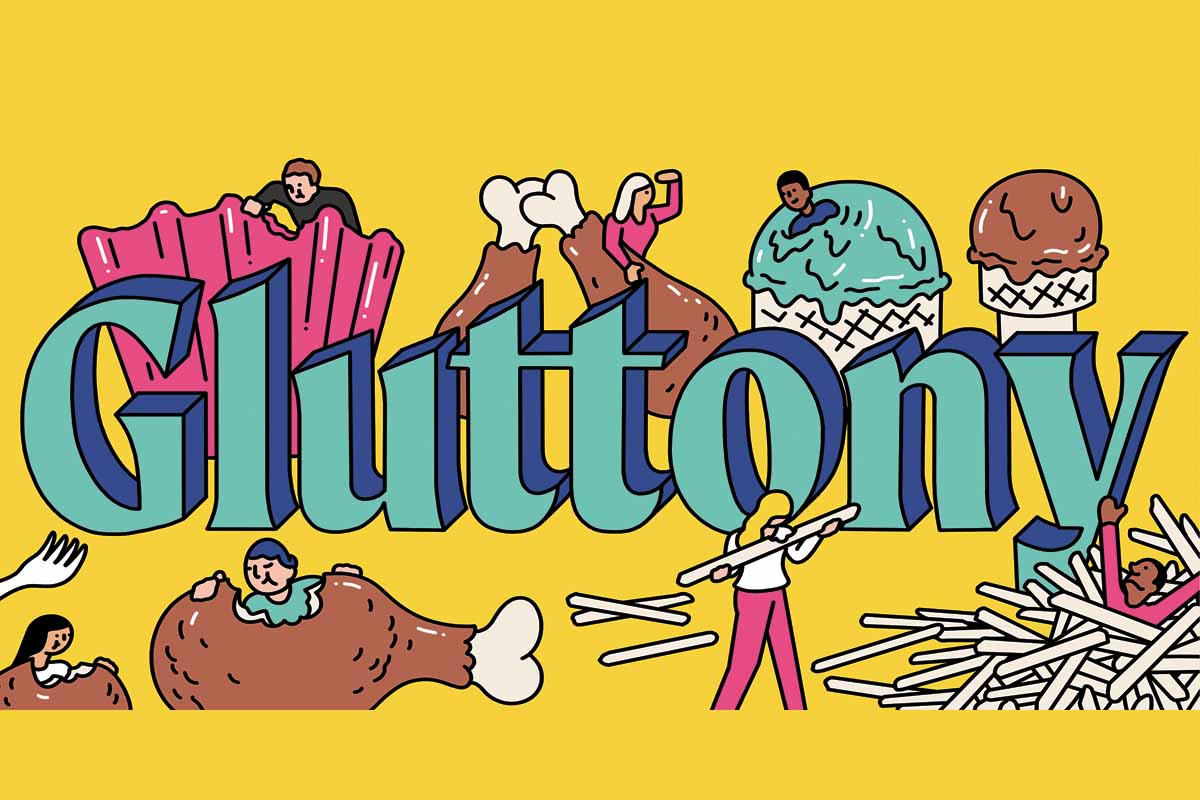 illustration of the word gluttony with various food items being eaten by people around it