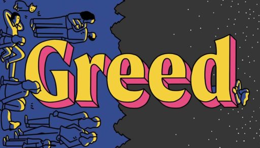 illustration of the word greed with people looking at the sky around it