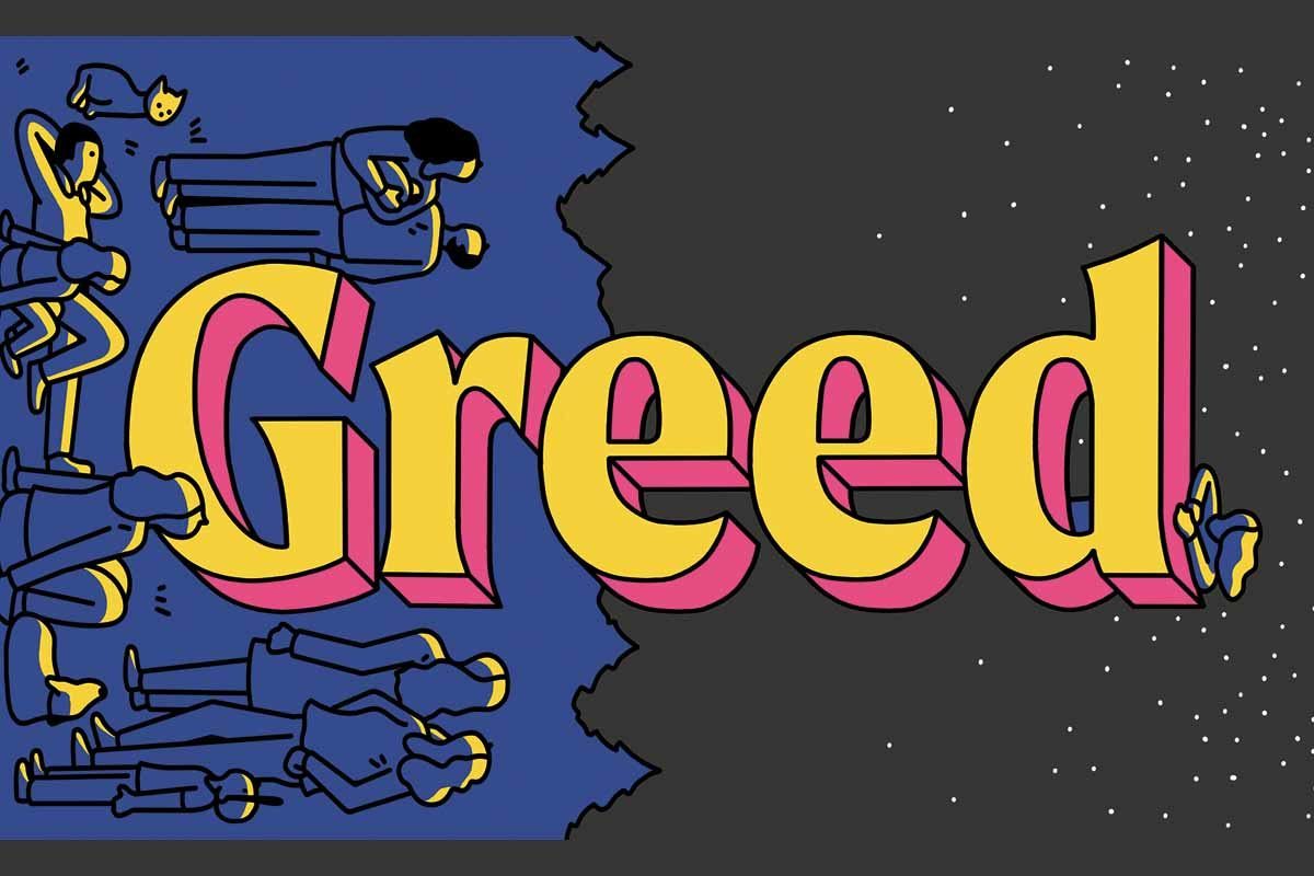 illustration of the word greed with people looking at the sky around it