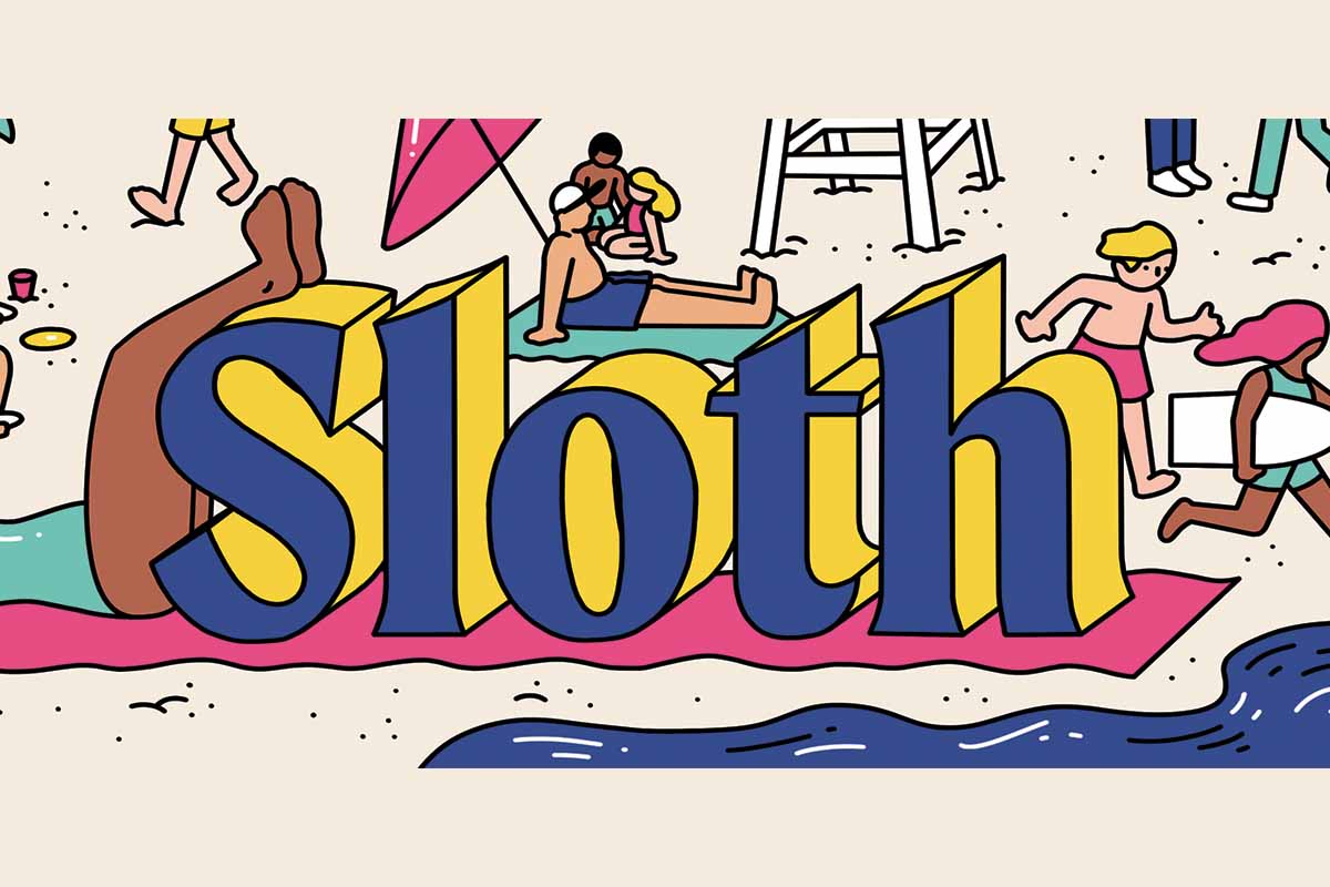 illustration of the word sloth with people on the beach around it