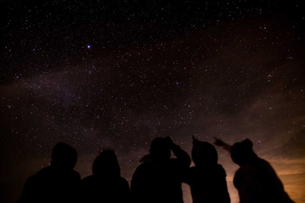 Silhouette of a group of people stargazing