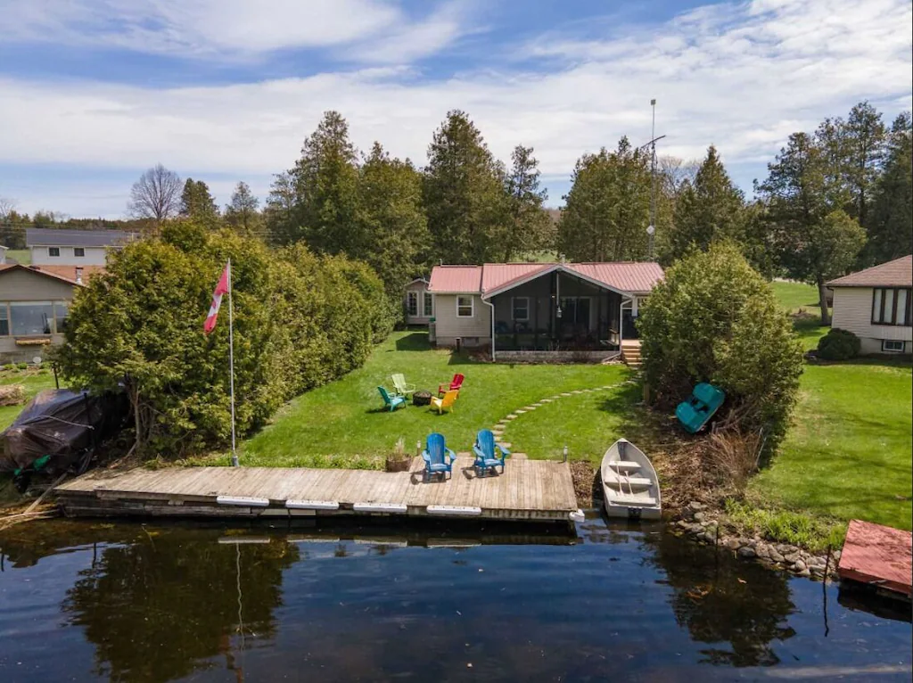 aerial view of cottage from the water