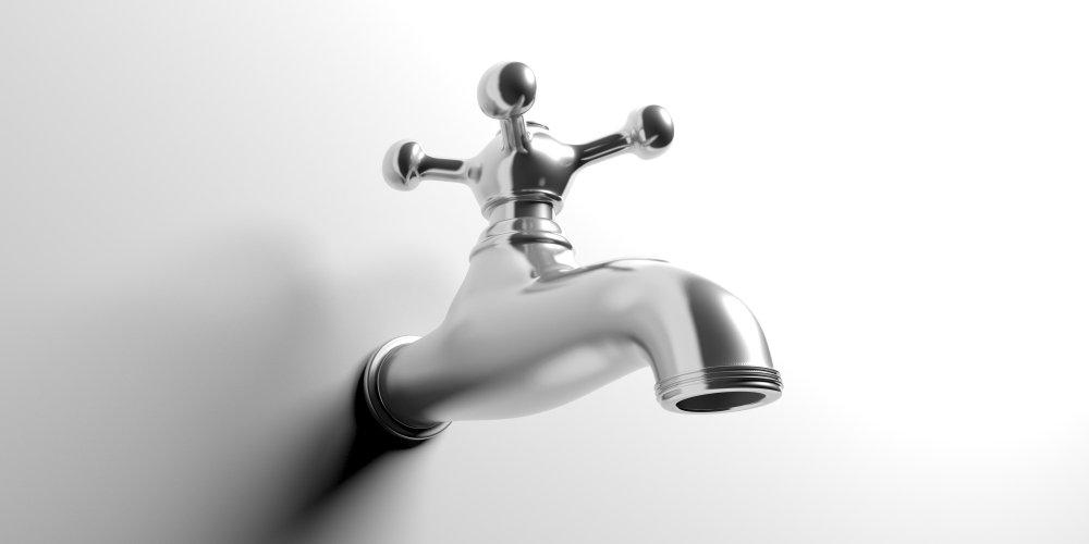 Metallic shiny water tap on white background, fix