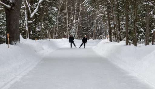 man and woman skating through forest