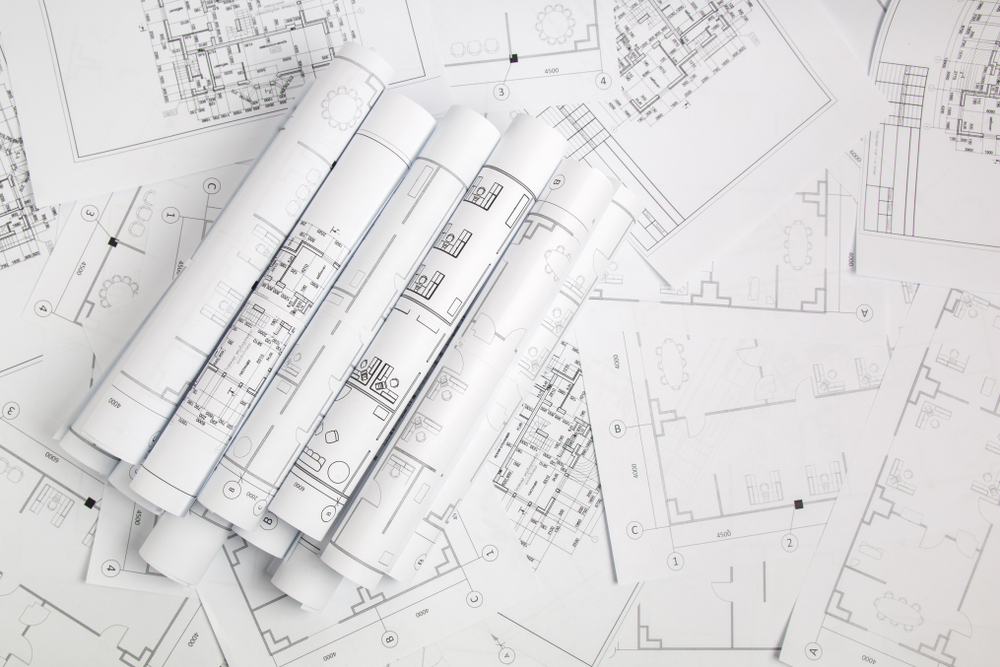 Paper architectural drawings and blueprint, spring reno