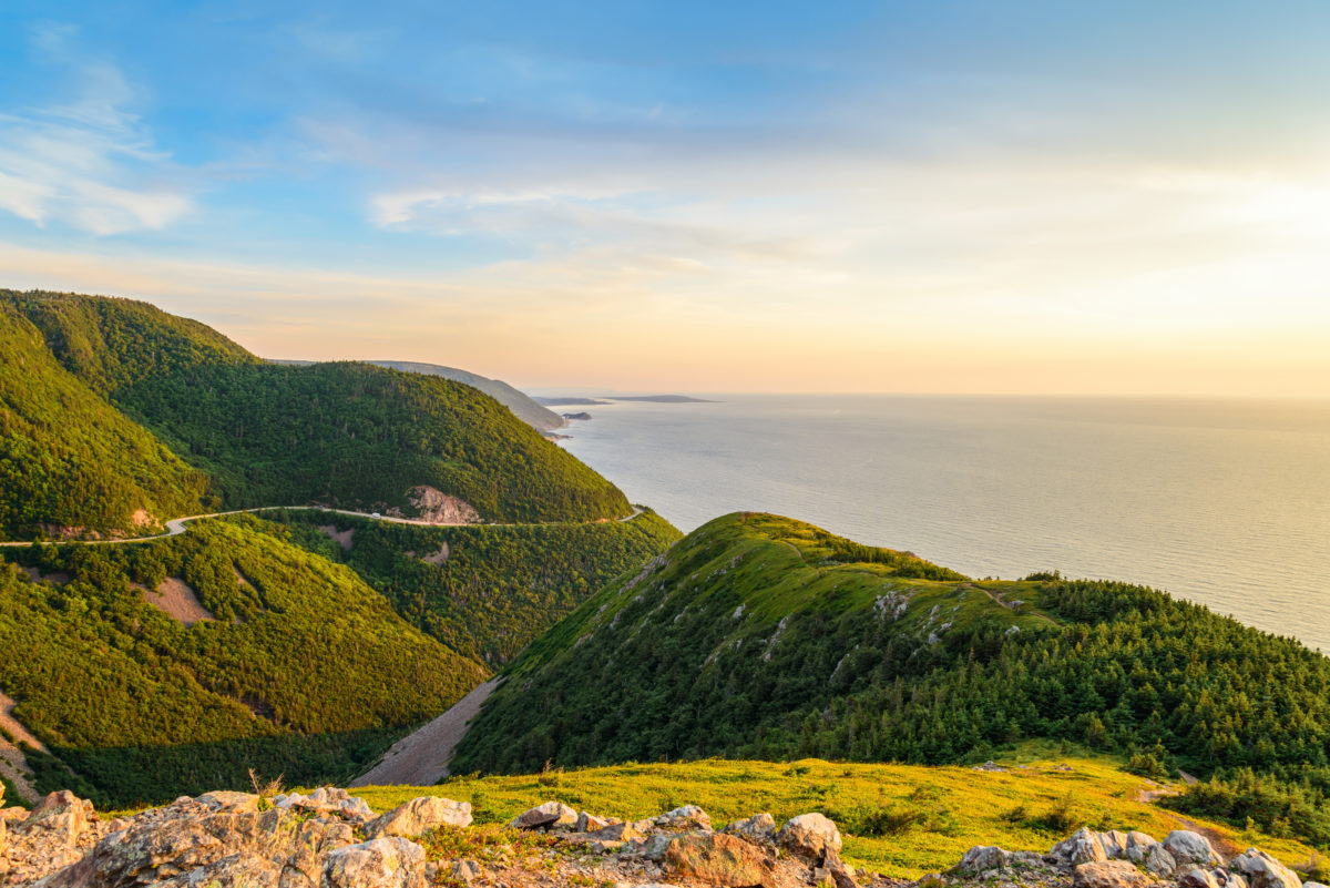 Skyline Trail look-off at sunset on French Mountain in Cape Breton, Nova Scotia.