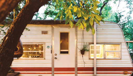 the exterior of Carey Shaw's trailer with a deck attached