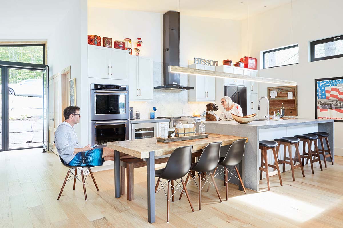 an interior cottage kitchen with clerestory windows