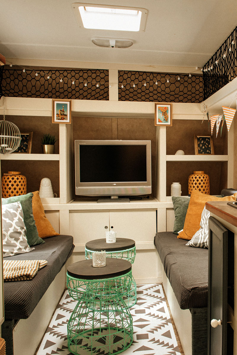 interior living area and kitchen of Lija Skobe's trailer