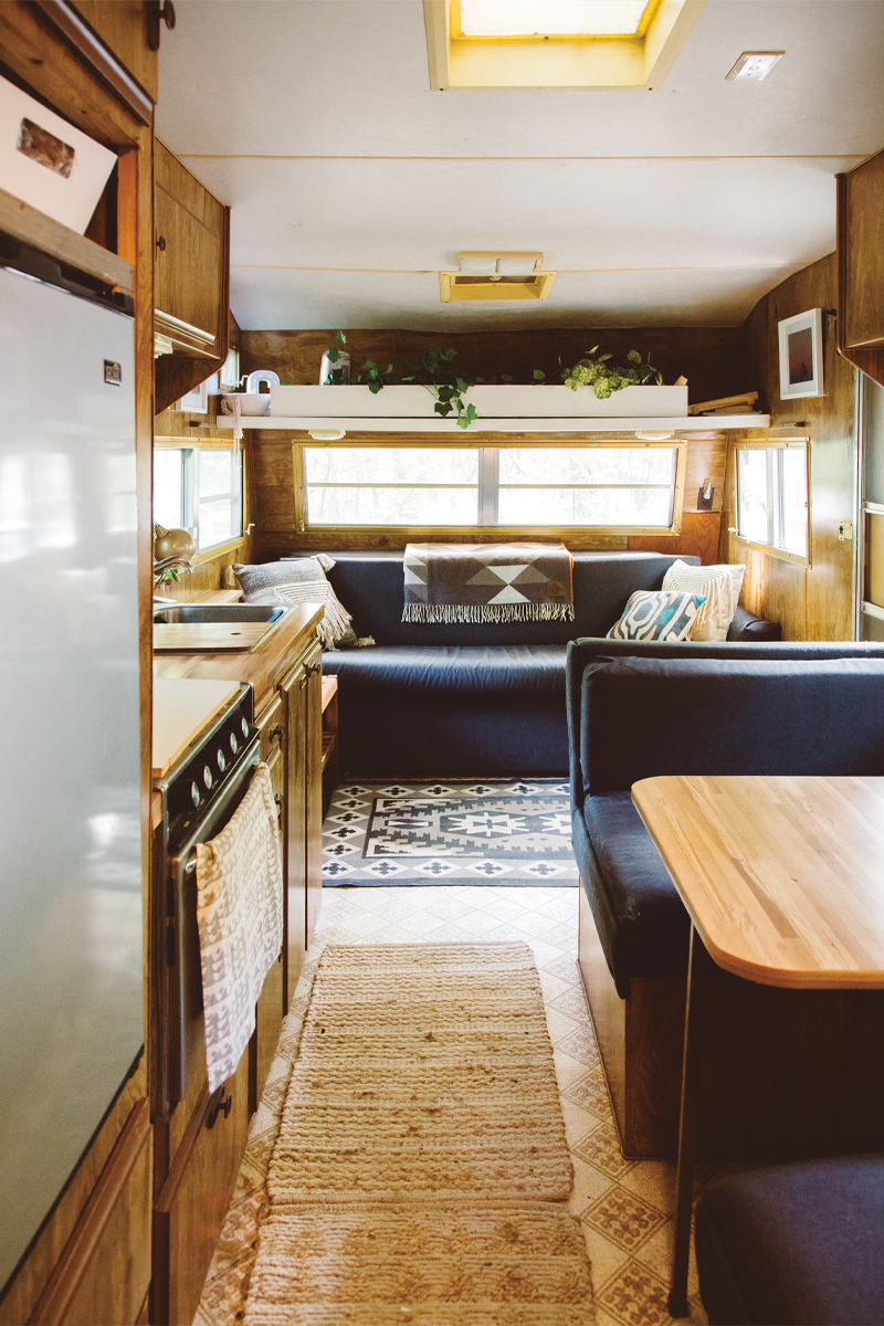 looking down Carey Shaw's trailer towards the kitchen and the living room