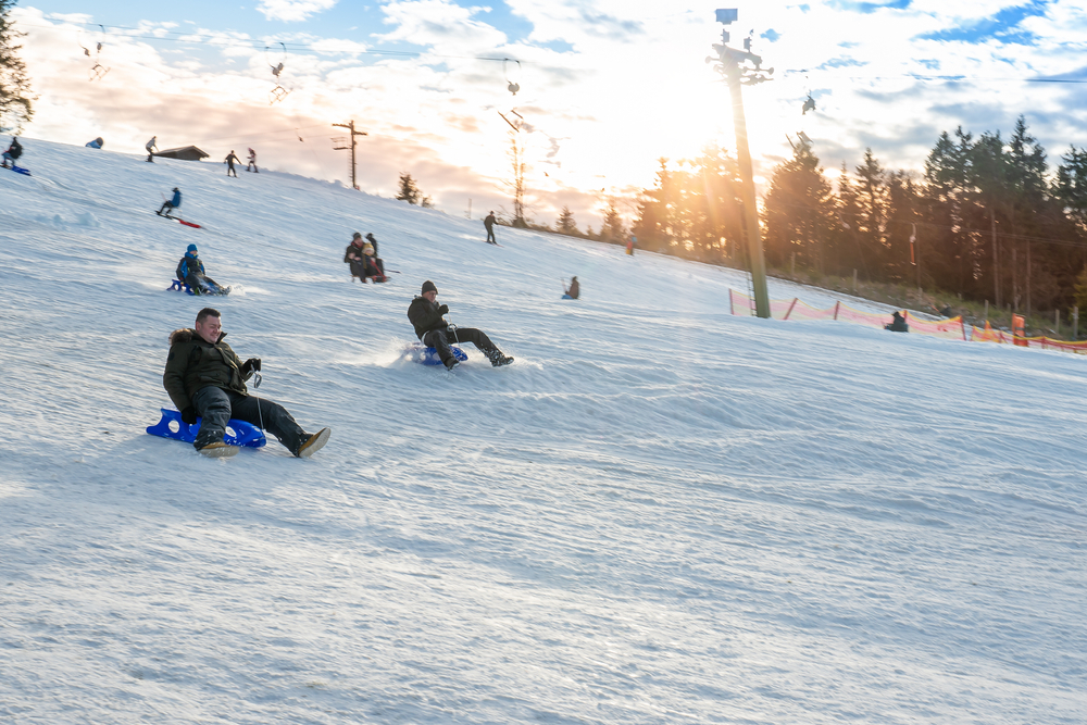 People on a tobogganing hill