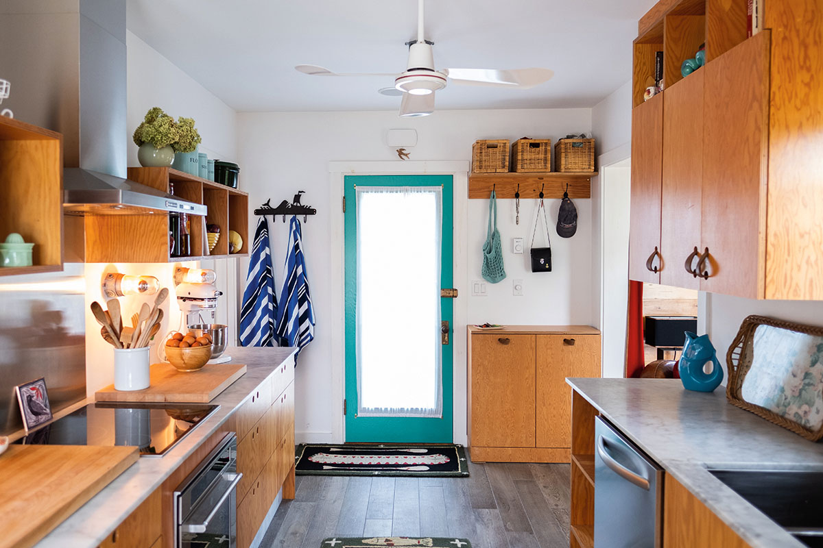 the plywood kitchen at Pauline and Robbie's cottage