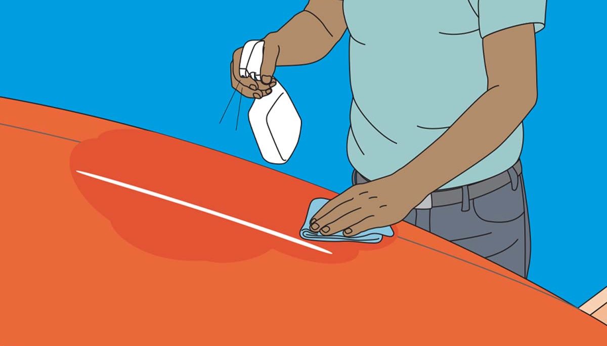 man applying protectant to the bottom of a canoe, illustration