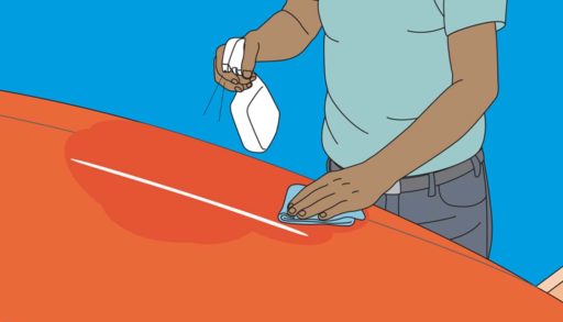 man applying protectant to the bottom of a canoe, illustration