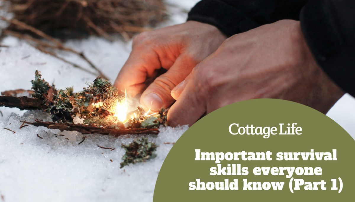 Man lighting a fire in a dark winter forest, preparing for an overnight sleep in nature, warming himself with DIY fire. Adventure, scouting, survival concept.