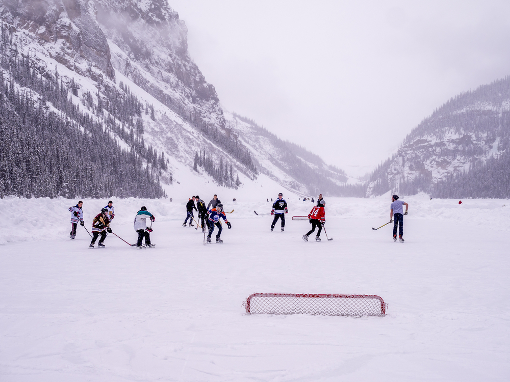 Pond hockey on Lake Louise, Alberta