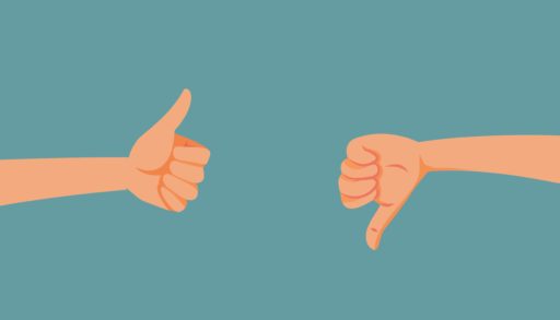 Hands Holding Thumbs Up and Thumbs Down Vector Cartoon Illustration. People leaving mixed reviews in contradictory evaluation process