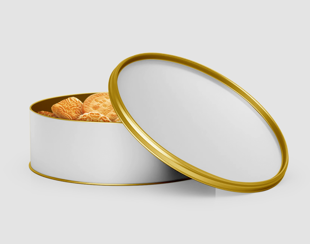 Cookies in a round tin against a white background