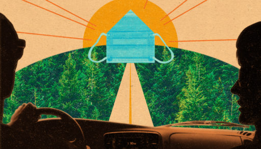 a photo collage of two people driving towards cottage real estate that is made of a medical mask