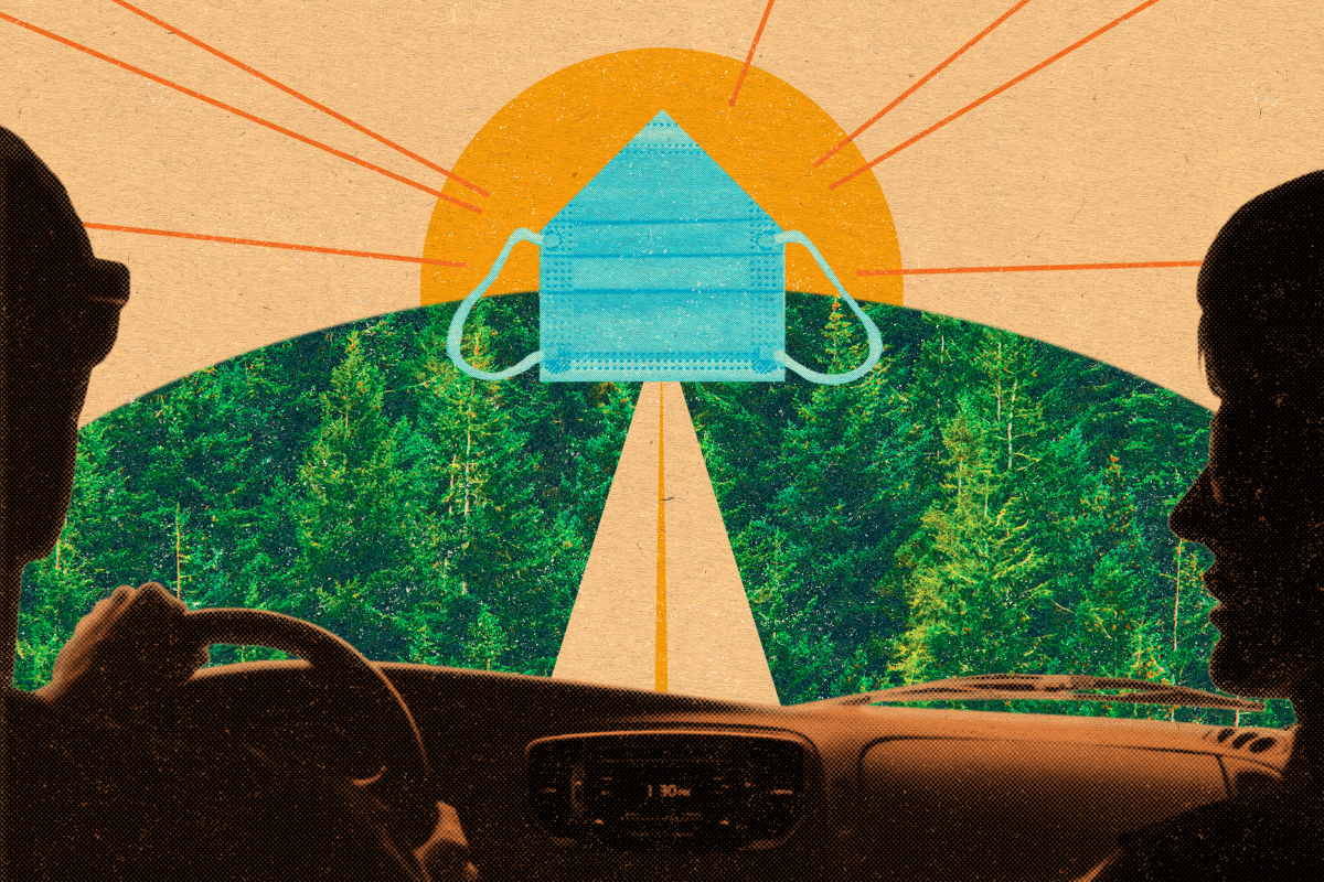 a photo collage of two people driving towards cottage real estate that is made of a medical mask