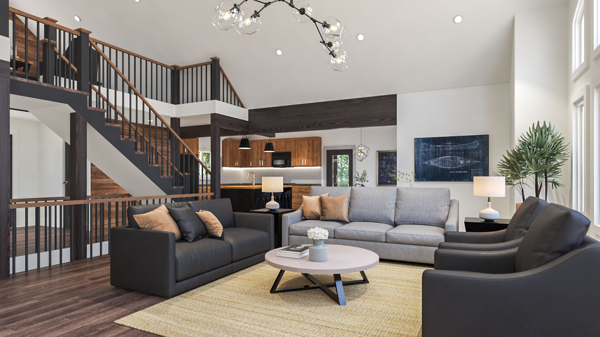 A living area with a kitchen int he background, and stairs leading up to an upper-level loft.