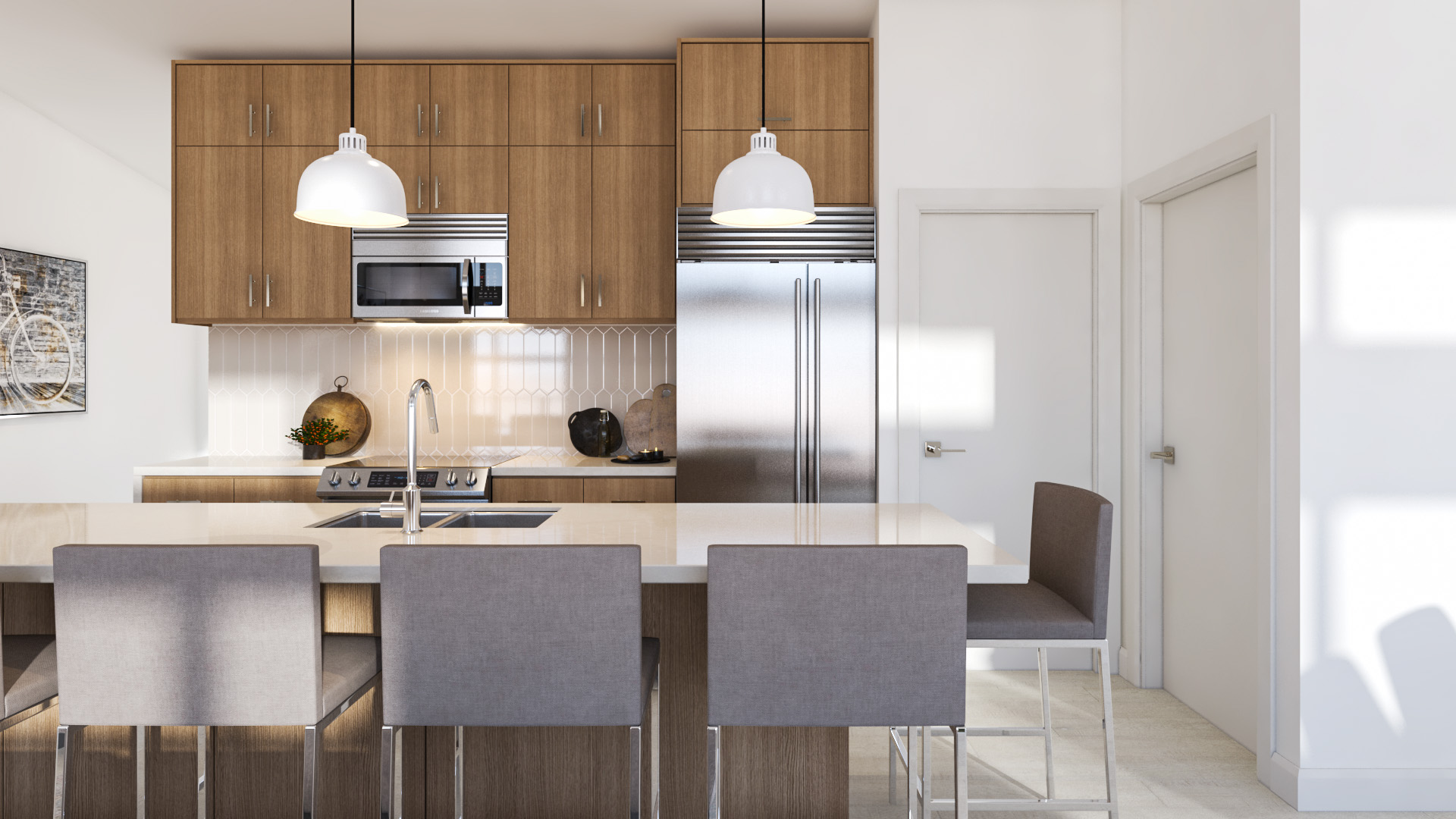 A modern kitchen with an island and grey barstools, a stainless steel fridge and brown wooden cabinets.