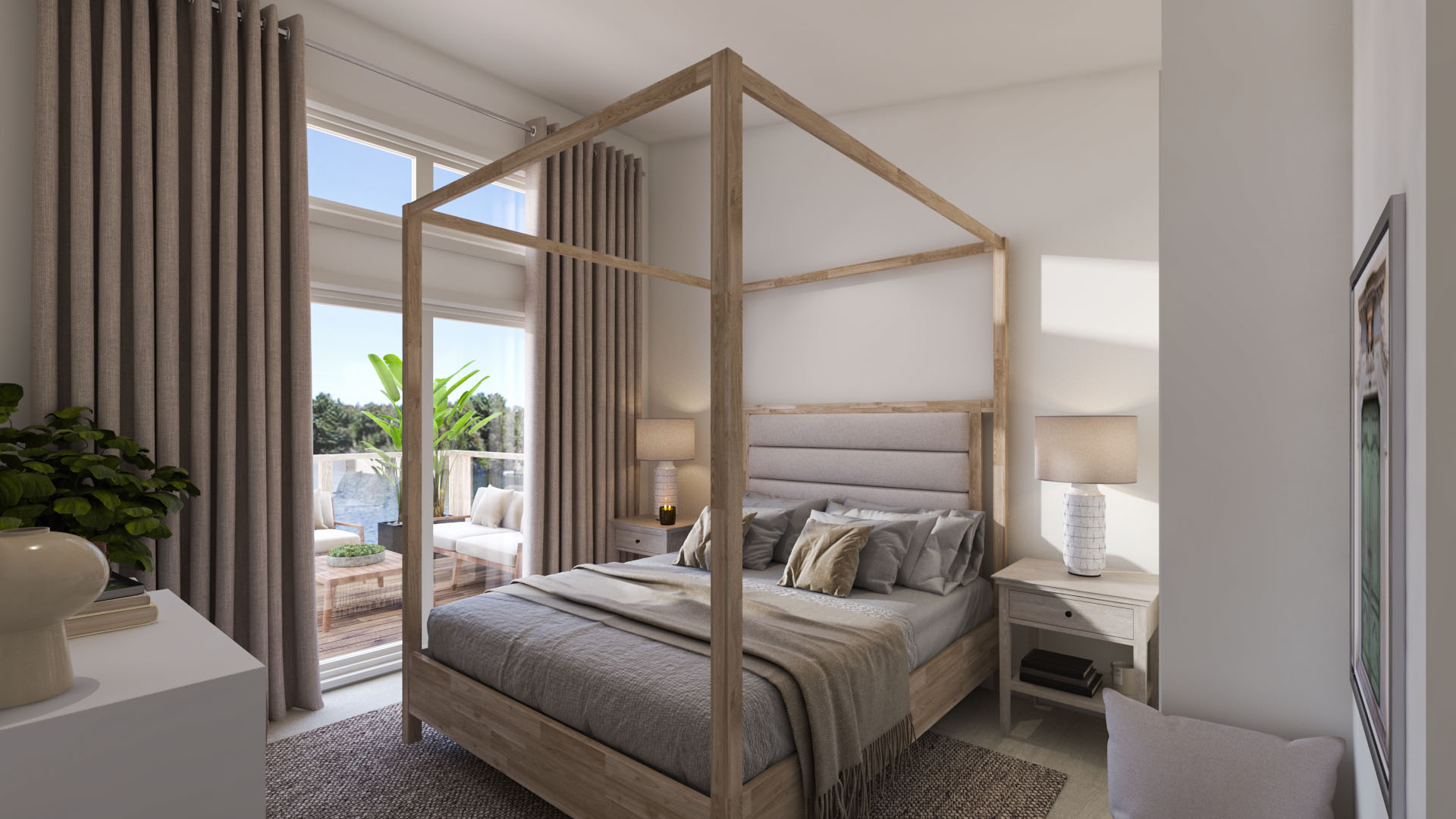 A room with a large bed and a glass door that walks out to an outdoor sundeck.