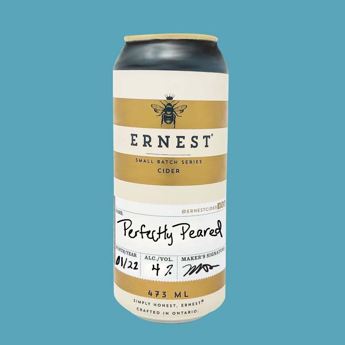 Ernest Pear Cider can on a blue background