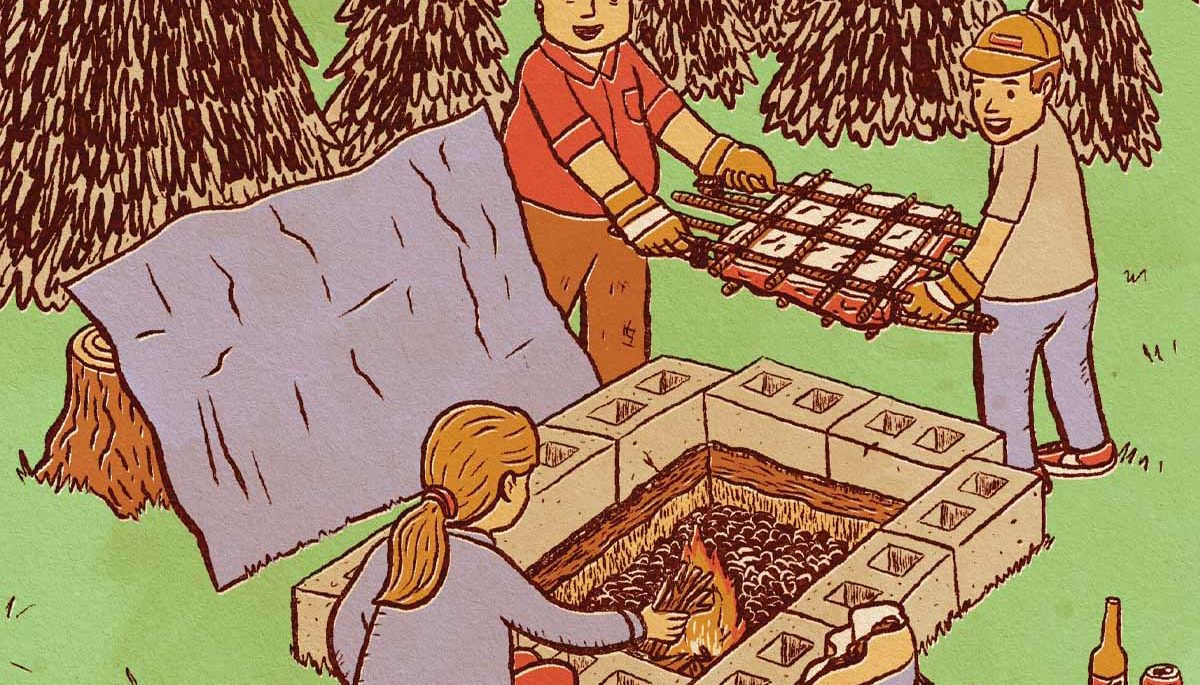 Illustration of a woman putting wood into a fire, and two men walking over with a smoker.