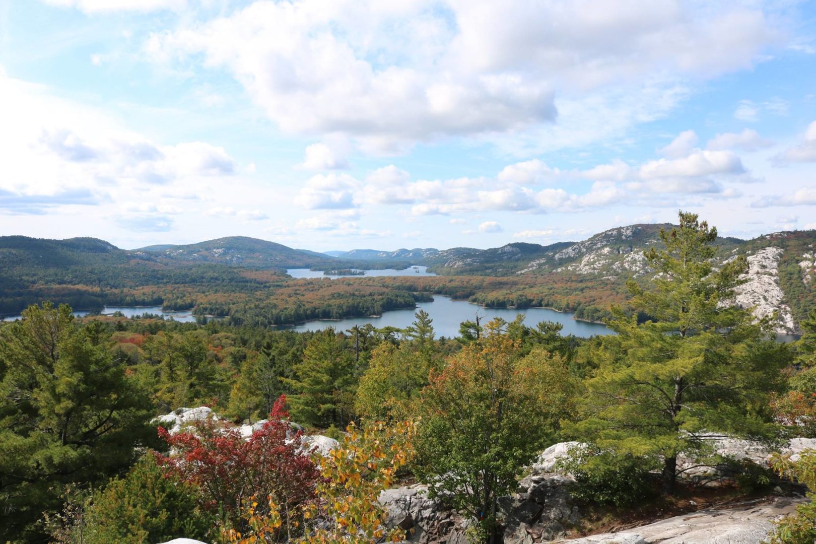 A mountaintop view of blue lakes and green forest.