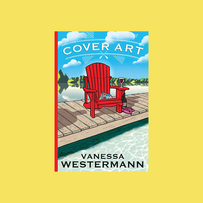 The cover of "Cover Art" by Vanessa Westermann, which features a red Adirondack chair on a dock with blue sky in the background.