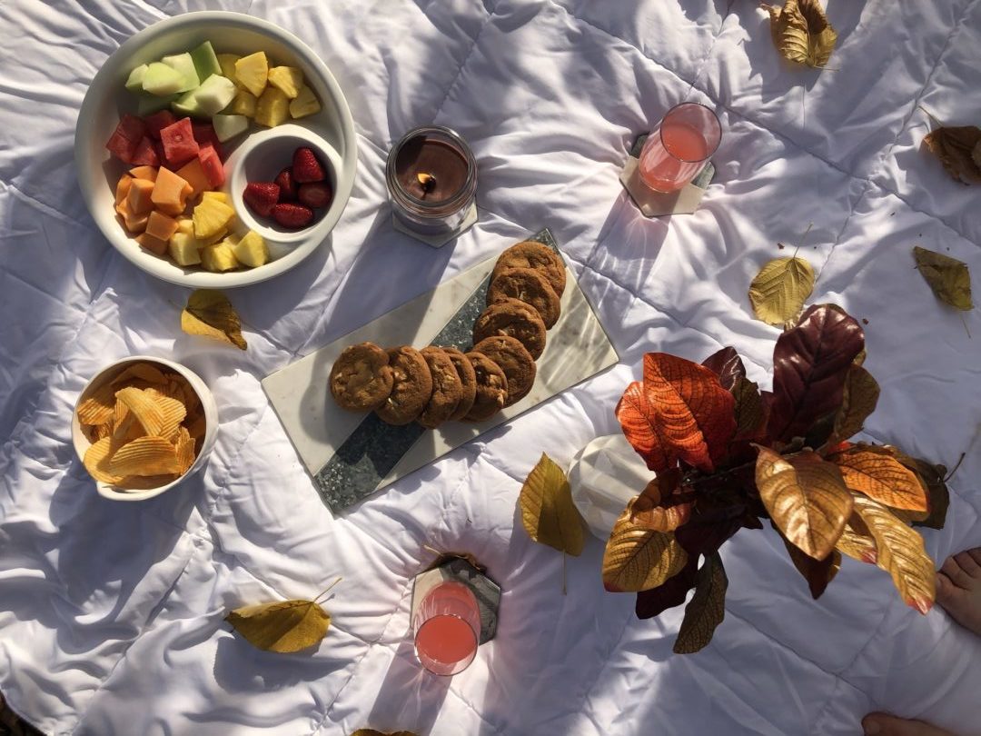 Picnic with white blanket, cookies, fruit, leaves, and pink lemonade.
