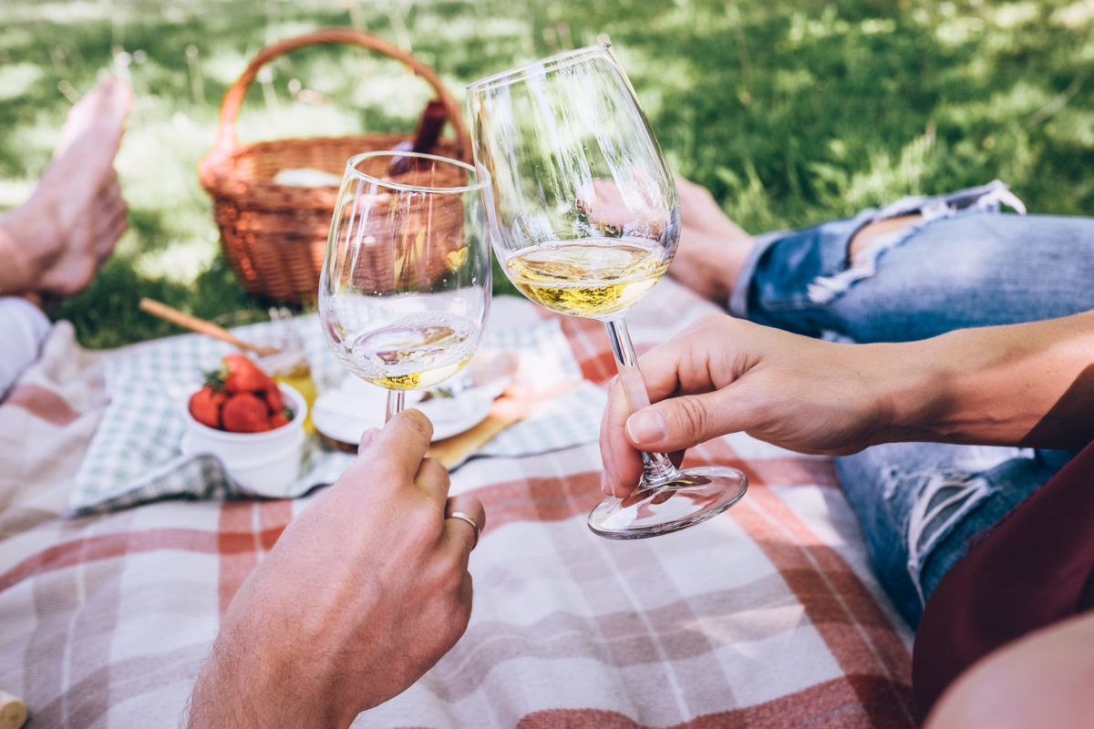 Two people on a summer date, clinking wine glasses on a checkered picnic blanket.