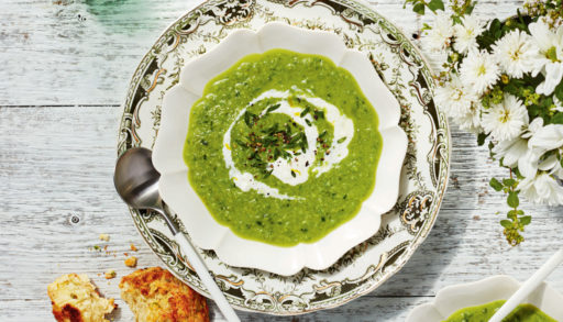 Green pea soup with feta crema