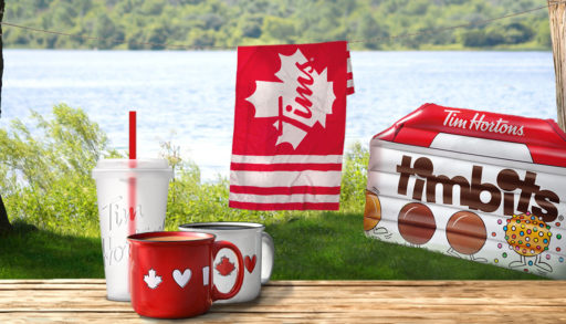 Tim Hortons new merchandise featuring pool float, mugs, and towel
