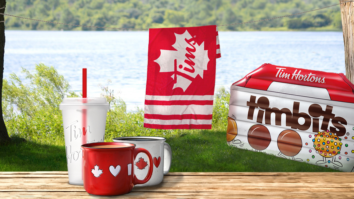Tim Hortons new merchandise featuring pool float, mugs, and towel