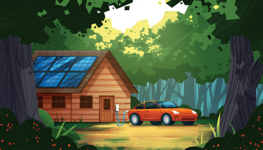 illustration of a cottage and electric vehicle charging