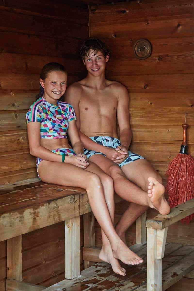 Two of the Kelar kids handing out in the Finnish sauna