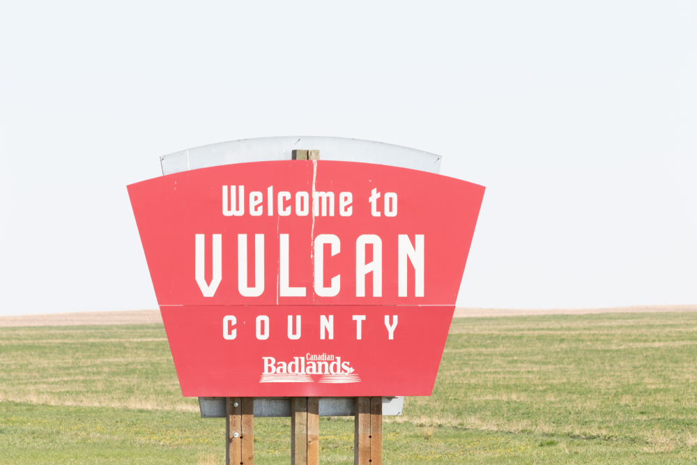 The welcome sign for Vulcan, Alberta