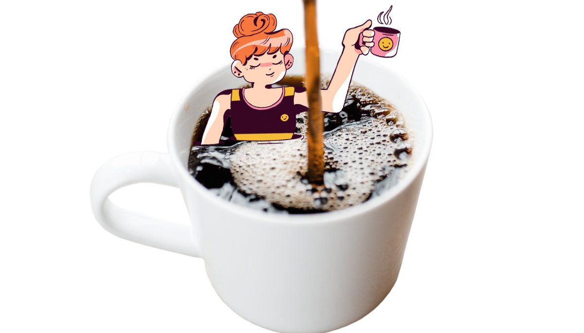 a cartoon character sitting in a mug of coffee while coffee is being poured in a mug