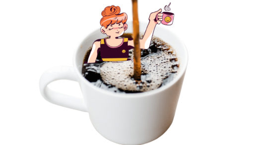 a cartoon character sitting in a mug of coffee while coffee is being poured in a mug