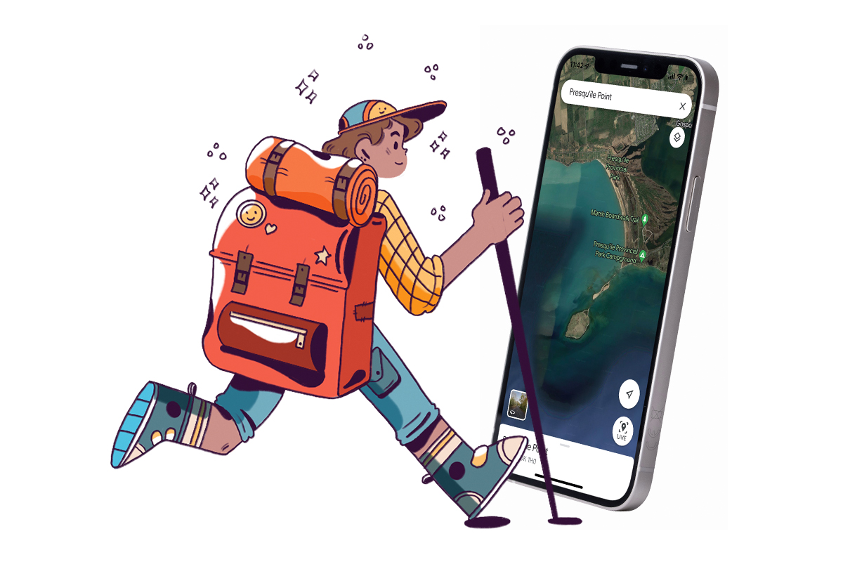 a character dressed in hiking gear appearing to walk into a phone with a map pulled up of presqu'ile point on lake ontario