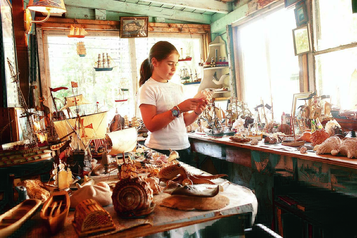 a young girl stands in the Martime Museum at the Silverstone cottage with many model ships and sea creatures